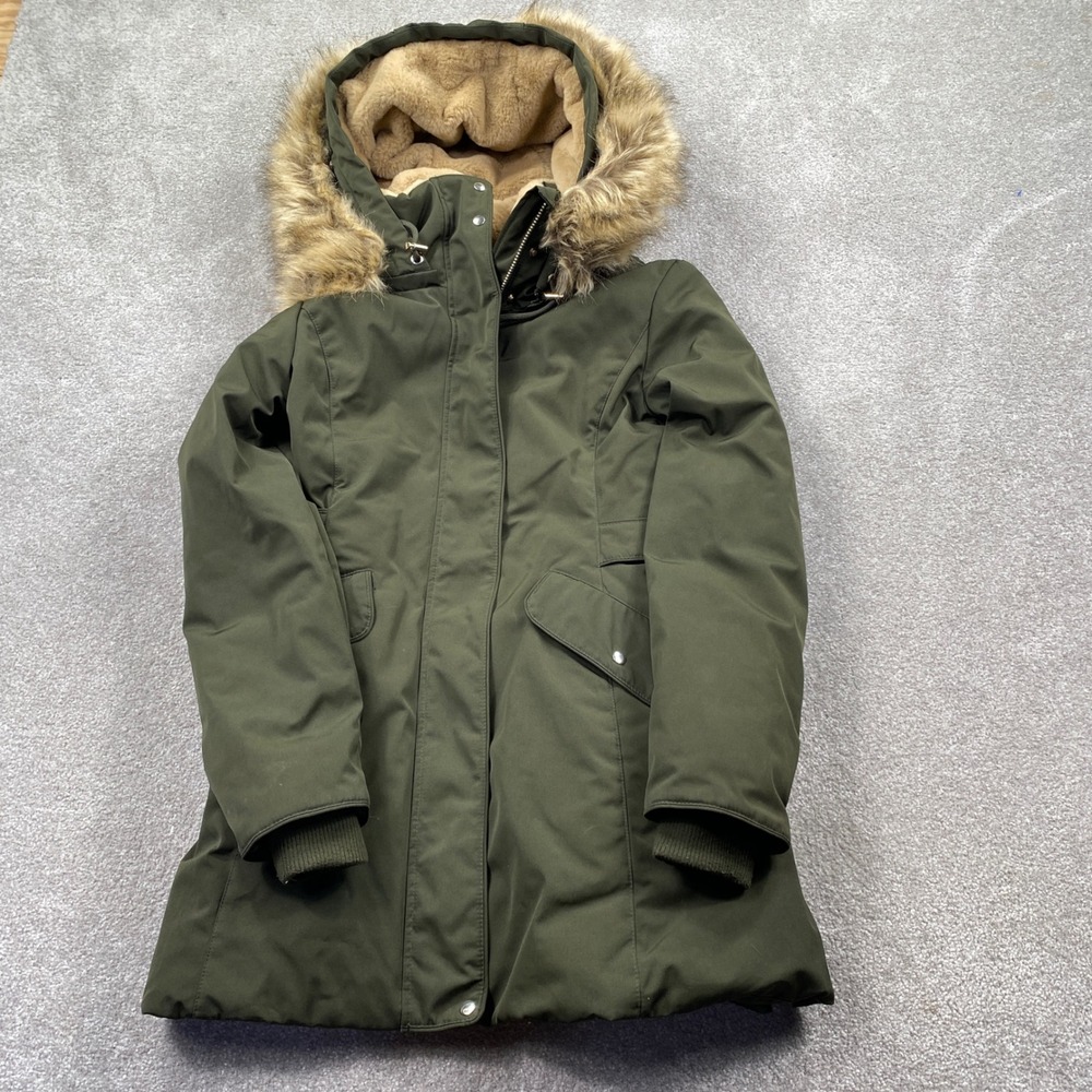 Zara Parka Jacket Women Small Green Faux Fur Hooded Anorak Winter Coat